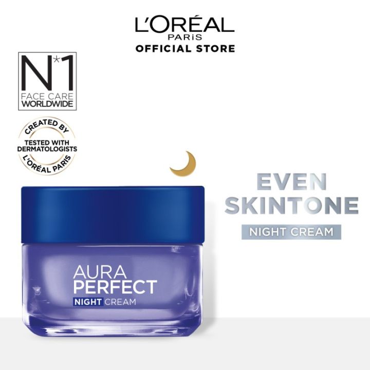 L'Oreal Paris Aura Perfect Night Cream, Whitening + Even Tone, 50ml - Cream Actively Diminishes Dark Spots, Uneven Skin Patches, And Dullness.
