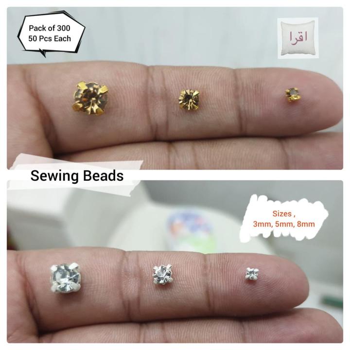 Embroidery Beads Pack of 300, 50 Pcs each Multi Sizes Crystal Acrylic Sew
