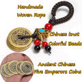 Vintage Brass Money Bag Keychain Pendant Handmade Rope Lucky Feng Shui Hanging Jewelry Ancient Five Emperors Coins Car Key Chain. 