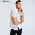 INCERUN Mens Short Sleeve Shirts Lace Floral See Through Tops Holiday Beachwear Blouse (Clearance Sale). 