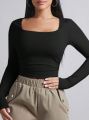 SQUARE NECKLINE LONG SLEEVE RUCHED SIDE CROP TEE. 