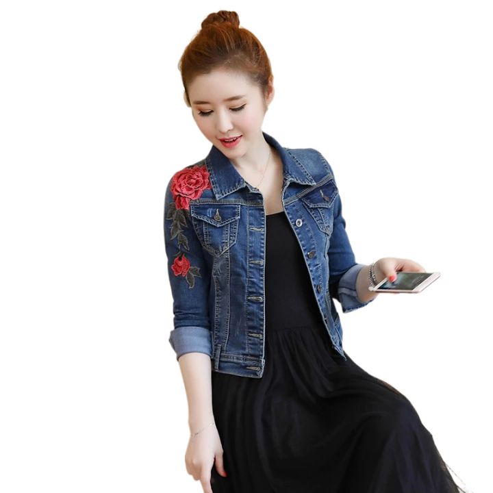 Women s Denim Jacket Embroidery Floral Long Sleeve Jeans Coat Skinny Jackets For Women And Girls