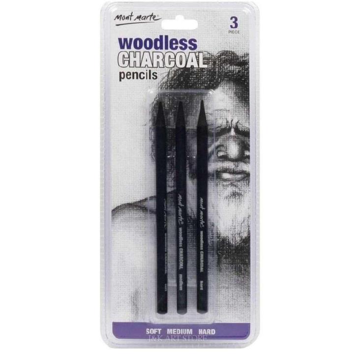 Mont Marte 3 Pieces Set Woodless Charcoal Pencils,Artists Charcoal Set (Soft,Middle,Hard) For Sketching And Drawing