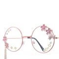 Kawaii Glasses With Chain Cosplay Decor Cute Sakura Pendant Eyeglasses Retro Round Glasses Clear Lens For Men Women Metal Frame. 
