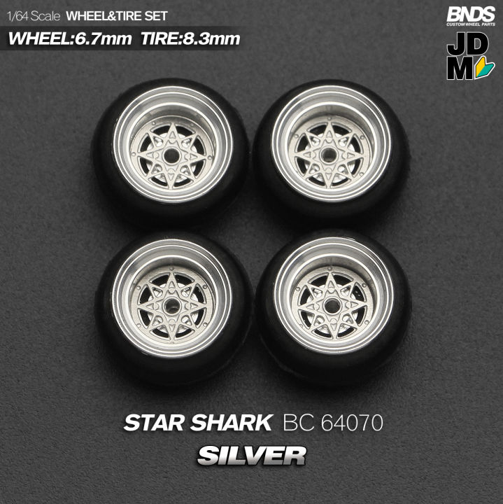 BNDS New 1/64 Alloy Wheels Rubber Tires Design SSR STAR SHARK Rims Modified Parts JDM VIP Style for Model Vehicle 4pcs Set