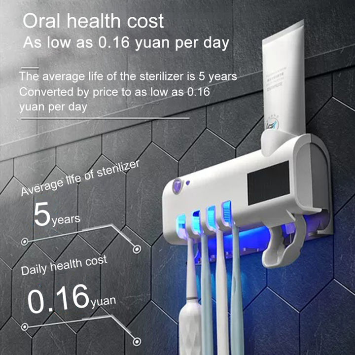 Solar UV Light Ultraviolet Toothbrush Sterilizer Automatic Toothpaste Dispenser Wall Mount with 4 Toothbrush Holder