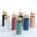 Cross-Border Creative Bamboo Cover Borosilicate Straw Glass Cup with Silicone Case Simple Milky Tea Cup Tumbler CustomizationLOGO. 