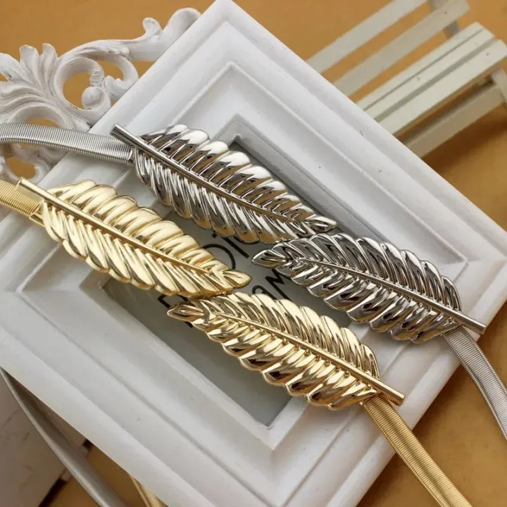 Women%E2%80%99s%20Leaf%20Shape%20Elastic%20Waist%20Belt%20-%20Gold%20and%20Silver,%20Stretchable%20-%20Image%202