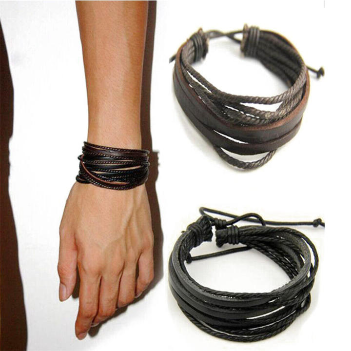 Adjustable Leisure Fashion Men's Hand-woven Multilayer PU Leather Bracelet Handmade Lace Up Wrist Strap