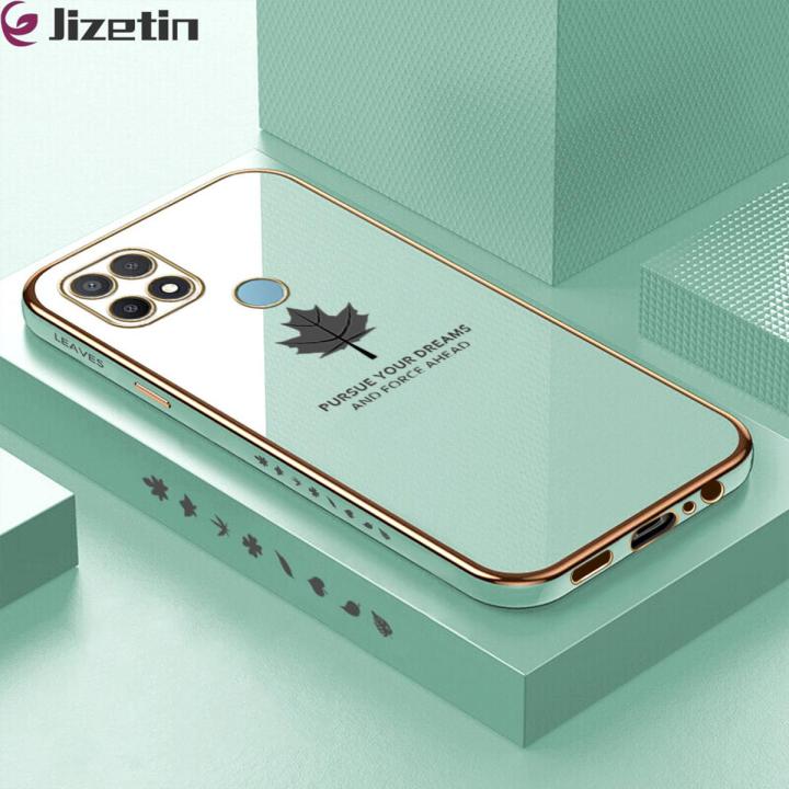 Jizetin (Free Lanyard) for OPPO A15 / A15S Luxury 6D Plating Soft Casing Silicone Square Frame Phone Case Shiny Bling Back Cover Maple leaf New design Side Drawing Case