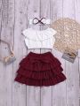 Toddler Girl Ruffle Trim Top And Bow Skirt With Headband ( Fabric Cotton) ( Size 03 Month To 5 Yrs). 