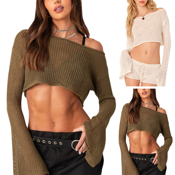 bellylady Women Knit Crop Tops Long Sleeve Hollow Out Pullover Tops Off Shoulder Y2K Beachwear Poncho Sweater