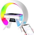 3 in 1-Latest/Smart-G shaped, Wireless charger-Pad/Stand, Multifunction-USB\Bluetooth Speaker, Alarm-Digital Clock, Led/Night-Lamp/Lamps for-room/Side table/Bedroom-Atmosphere-Colorful, RGB lights-Wireless, Mini/Portable-Speaker/clock for study/table/desk. 