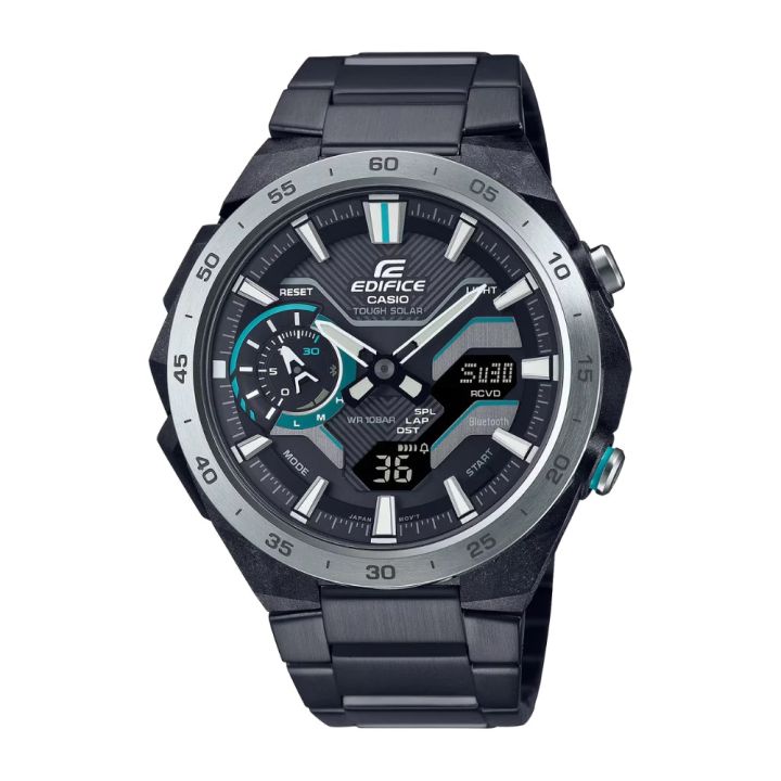 Casio Edifice Windflow Mens Black Stainless Steel Case Round Analog+Digital Solar Power, Power Saving, Mobile Link, World Time, Stop Watch, Double LED Light, Battery Level Indicator, Calendar, Timer, Multi-Function Watch-ECB-2200DD-1ADF