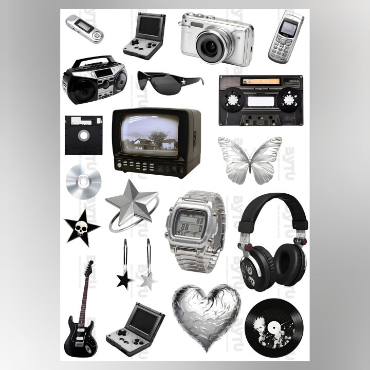 Black Aesthetic Y2K Stickers (UNCUT) for Journal Scrapbook Phone Cover (A5 card size 5.83 x 8.27 inches)