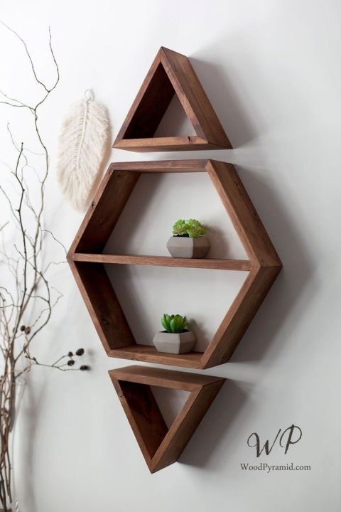 Set of 3 Geometric Wooden Wall Shelves | Hexagon & Triangle Floating ...