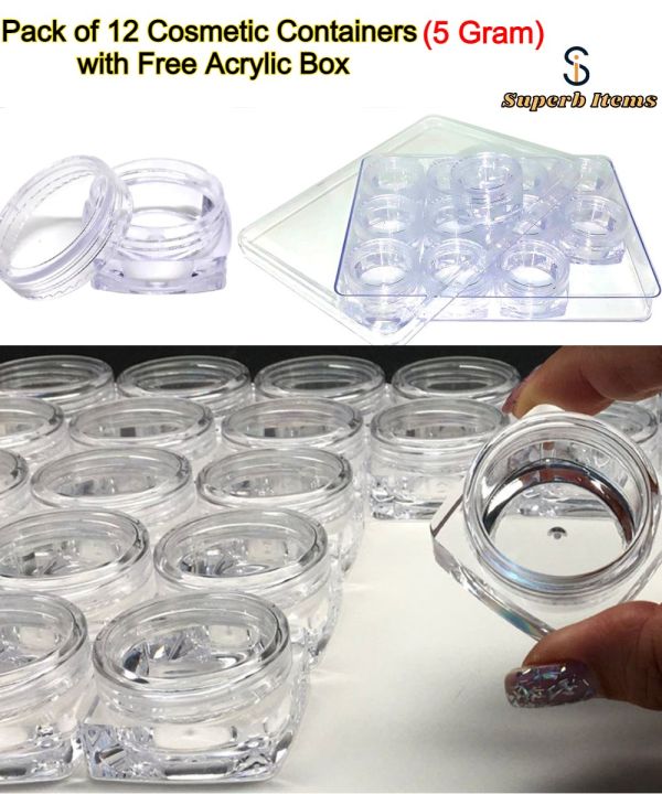Pack%20of%2012%20Cosmetic%20Empty%20Jar%20(5gm)%20with%20Acrylic%20Box%20/%20Empty%20Plastic%20Containers%20for%20Makeup%20Cosmetic%20Travel%20Container%20/%20Refillable%20Face%20Cream%20Jar%20Small%20Sample%20Container%20-%20Image%202