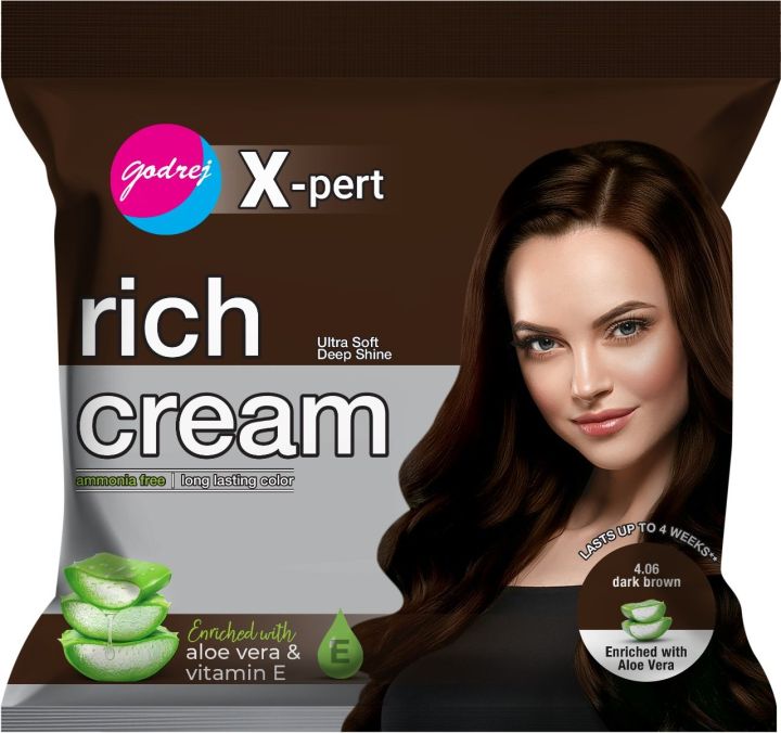 Godrej Rich Creme Hair Color Sachet Dark Brown - Ultra Soft & Deep Shine - Enriched with Aloe Vera and Vitamin E