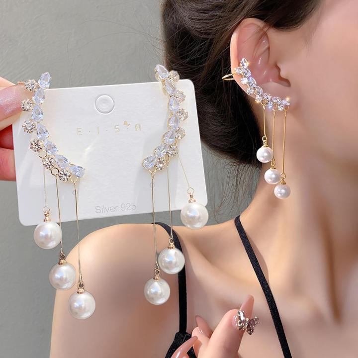 Fashion White Pearl Tassel Drop Earrings for Women Bohemian Golden Round Zircon Wedding Dangle Earrings Jewelry Gift
