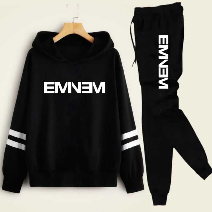 Double Stripe Black Eminem Printed Tracksuit For Men - Soft & Comfy Fleece Fabric Kangaroo Hooded Winter Hoodies For Men