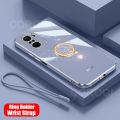 For Xiaomi POCO F3 Back Cover with Ring Holder Stand + Wrist Strap Shiny Plating Square Bumper Protective Case Soft Silicone Shockproof Mobile Phone Cases. 