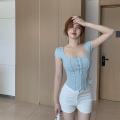 Yfashion Women Short-sleeved Shirts U-shaped Neck Slim Fitted Cropped Tops Pullover Casual Bottoming Shirt color. 