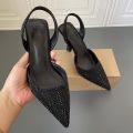 Trending High heel sandals women's shoes green rhinestone wedding toe mules. 