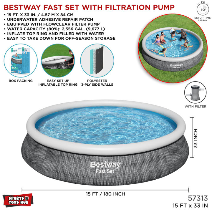 15 Ft Bestway Inflatable Fast Set Swimming Pool With Filter For Kids & Family Inflatable Solid Sidewall Large Swimming Pool With Vinyl Deep 33 Inch Depth Water Splash Fun Party Game Indoor & Outdoor Picnic With Family Fast, Easy & Simple 57313