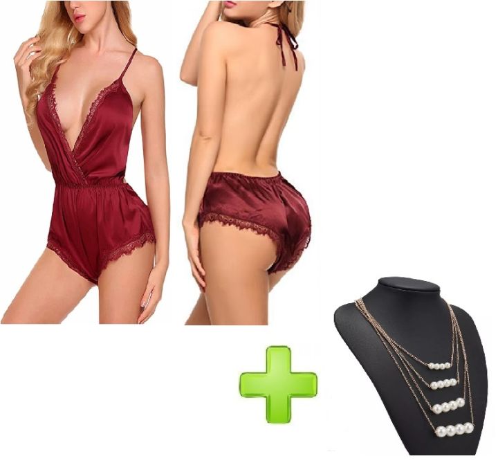 Pack of 02 - Nighty Beautiful Bridal Maroon / Hot Sexy Silk Long Gown / Bridal Night Suit / Nightwear / Sleepwear / Night Dress with Amazing Necklace Set..