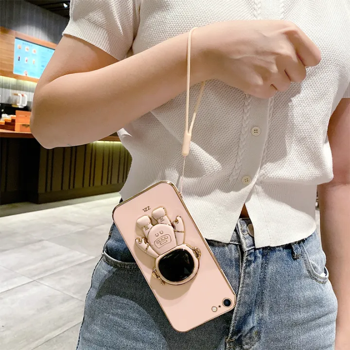 COROGI%20for%20iPhone%206s%20/%20iPhone%206%20Back%20Cover%20Cartoon%20Astronaut%20Folding%20Stand%20Stylish%206D%20Plating%20Square%20Bumper%20Case%20with%20Lanyard%20Soft%20Silicone%20Phone%20Cases%20Covers%20Pouch%20for%20Girls%20Boys%20-%20Image%205
