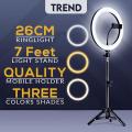 JmJadoon 26cm/10 inch Ring Light with 7feet Tripod Stand & Phone Holder, Three Colours Makeup LED RingLight. 