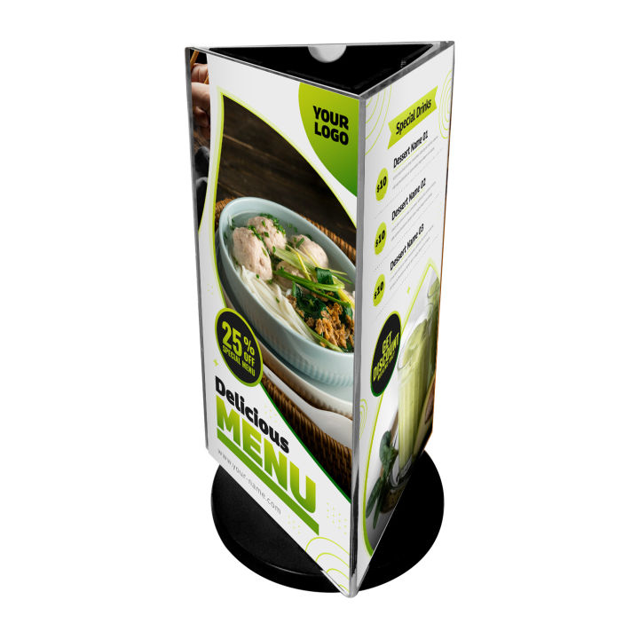 Rotating Tri Flyer Display 360 Degree Rotating Acrylic Display Holder Sign Three Sided Hotel Menu ...