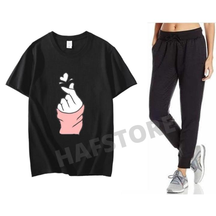 TRENDY  KOREAN HEART ARM TWIST design Tracksuit for girls/women in half Sleeves T-Shirt & Trouser for BTS fans gym wear Tshirt soft and comfortable summer wear track suit round neck comfy fabric  Teeshirt  for Summer Collection Elegant Trendy Wear