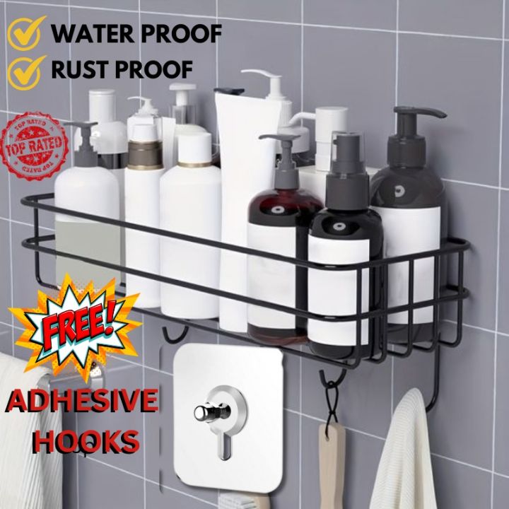 "Organize Your Bathroom: Wall-Mounted Storage Shelf/Rack with Iron Hooks"