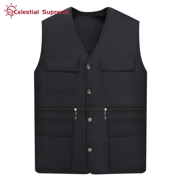 Men Work Vest V Neck Relaxed Fit Inner Pockets Overall Vest Jacket