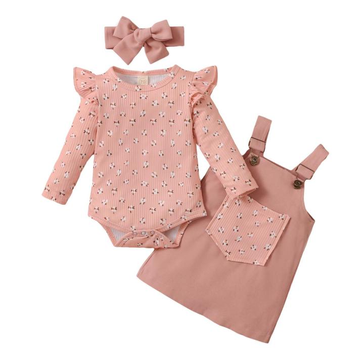 Baby Girl Three Piece Suit Long Sleeve Romper and Suspender Skirt