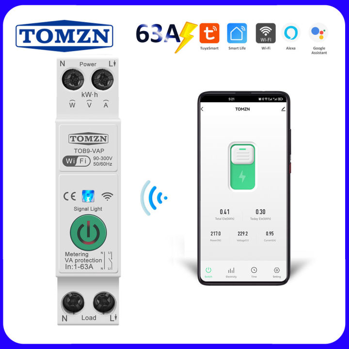 Tomzn Tuya 63A WiFi Breaker 2P with Power Monitoring Model: TOB9-VP – Smart Circuit Breaker for Home Automation, Remote Control, Energy Monitoring, Compatible with Alexa & Google Assistant