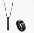 Black Titanium Finger Ring With Cuboid Rectangle Neck Pendant Chain Necklace For Boys And Men (Pack Of 2). 