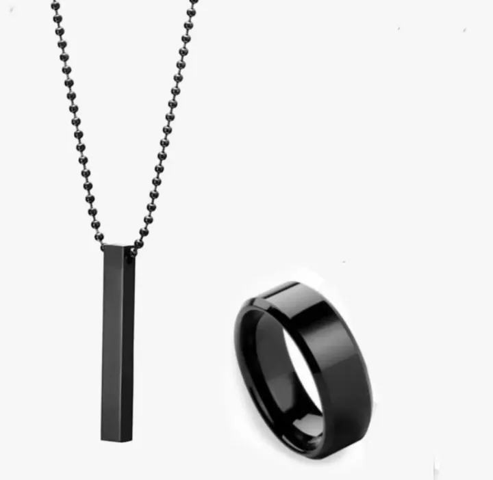 Black%20Titanium%20Finger%20Ring%20With%20Cuboid%20Rectangle%20Neck%20Pendant%20Chain%20Necklace%20For%20Boys%20And%20Men%20(Pack%20Of%202)%20-%20Image%202
