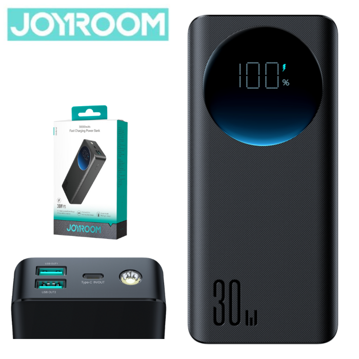 30W Power Bank 30000mAh（With USB to Type-C Cable 0.25m-Black）3 USB charging ports gives fast charging experience to iPhone Samsung Xiaomi Infinix Tecno Oppo Vivo Oneplus Realme Redmi And Other All Android JOYROOM JR-PBF03