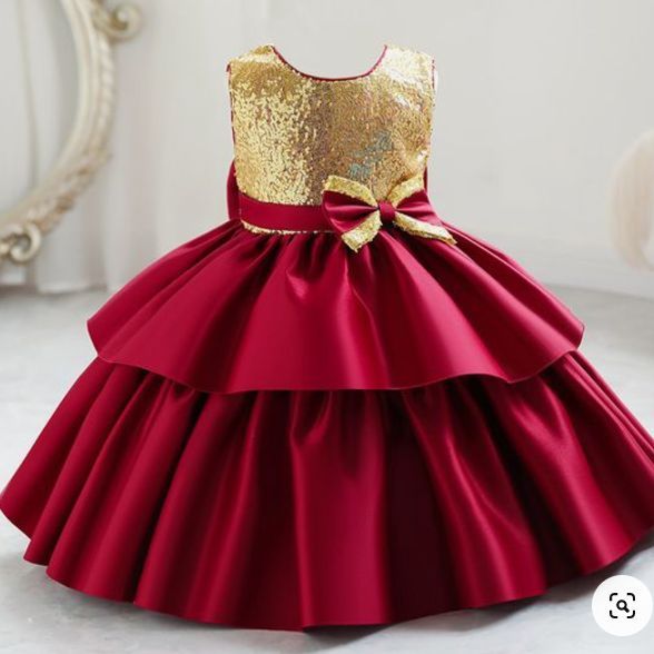 Toddler Girls Sequins Bow Front Layered Gown Dress – Silk & Sequin Party Wear Princess Dress for Baby Girl