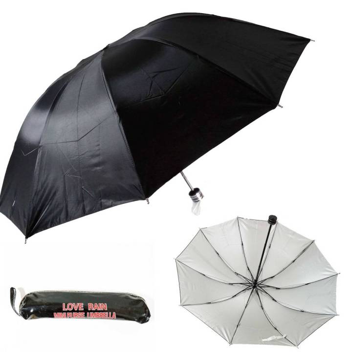 folding black umbrella with a silver coating inside the umbrella