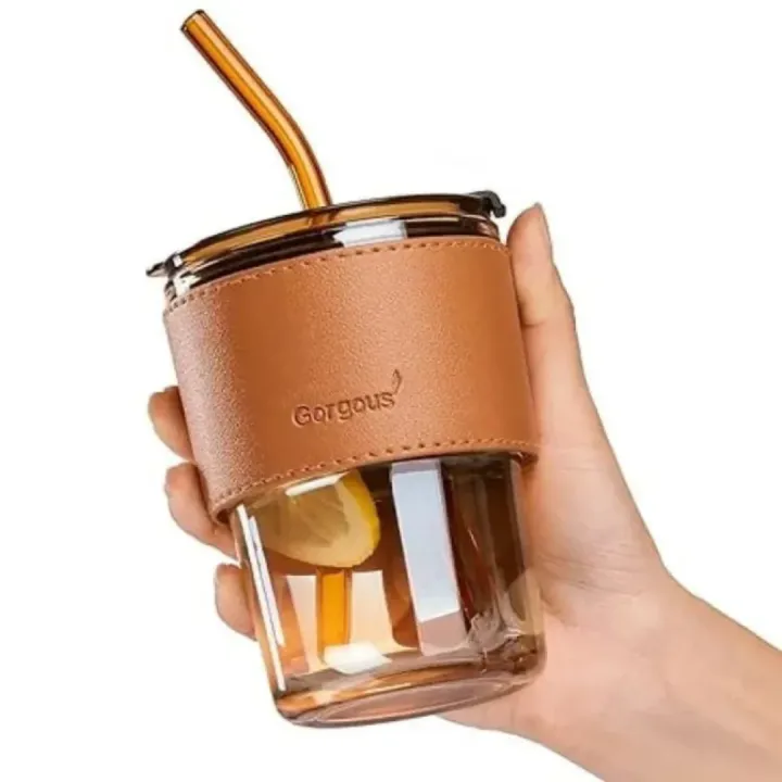Bamboo Joint Glass Cup with Lid & Straw | 13oz Can Shaped Glass Tumbler ...