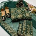 4Pcs Wedding dress For Women's Stuff organza Front Jaal Shirt,Kattan slik embroidery Trouser Along With Organza embroidery Dupatta. 