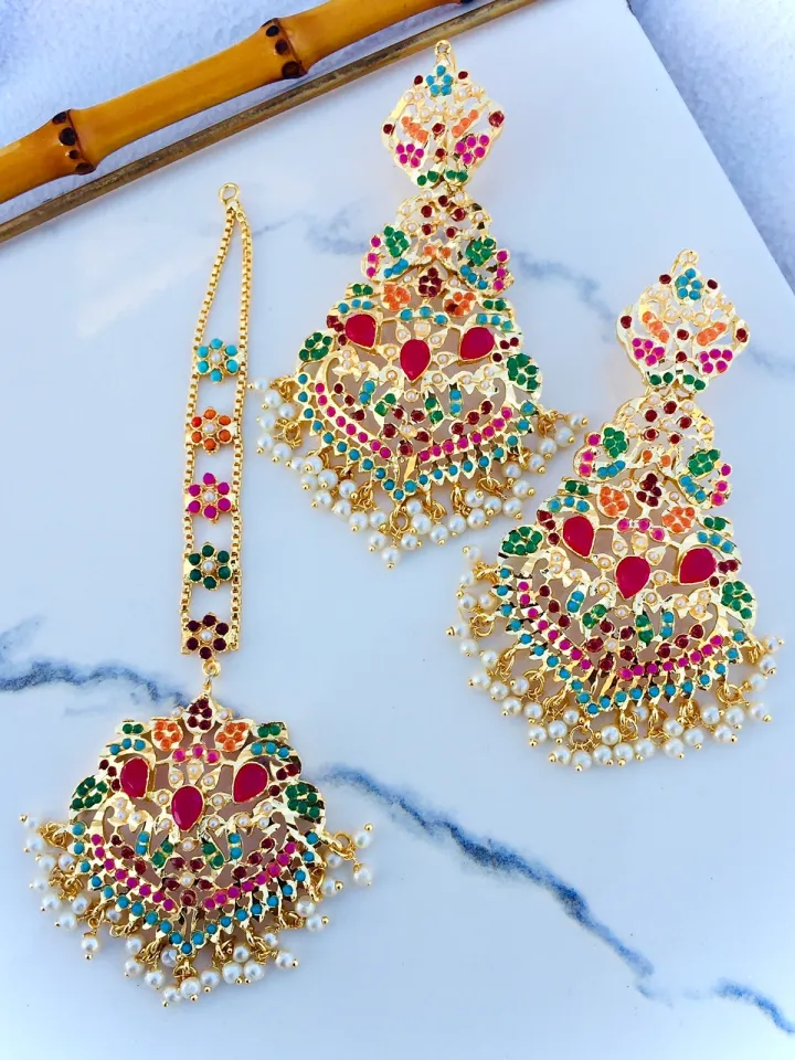 Fashion Nauratan Earrings With Mang Tikka Set Imitation Jewelry