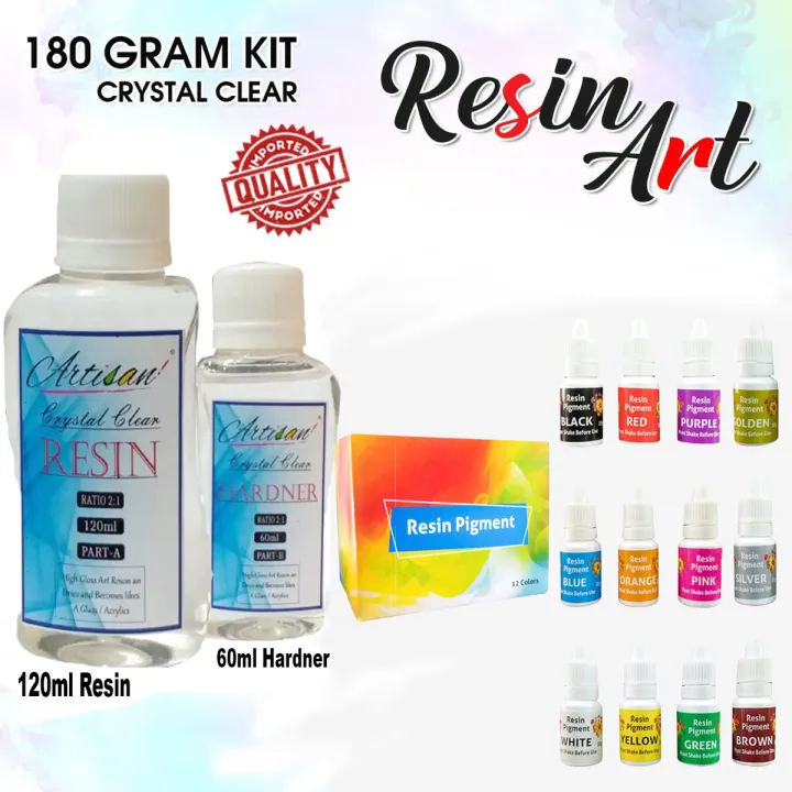 Epoxy Resin Art Imported Crystal Clear Kit (180gms) Ratio 2:1 & Epoxy Resin Color Pigments Liquid Colors 12