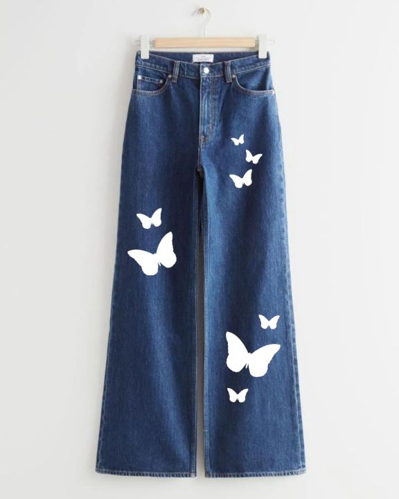 Women’s Blue Butterfly Wide-Leg Denim Jeans Printed and Export Quality