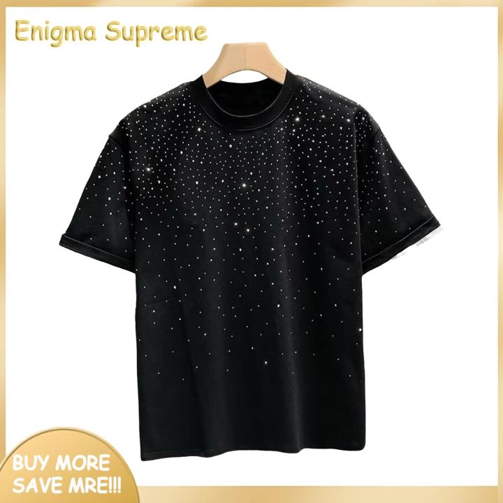Enigma- Men Rhinestone Design T-shirt Stylish Rhinestone Summer Couple T-shirt Plus Size Loose Fit Unisex Top Fashion Trend Lightweight Shirt