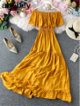 RIFA Off-Shoulder Boho Beach Dress White, Elegant Korean Style, Ruffle Detail, Summer Party Wear. 