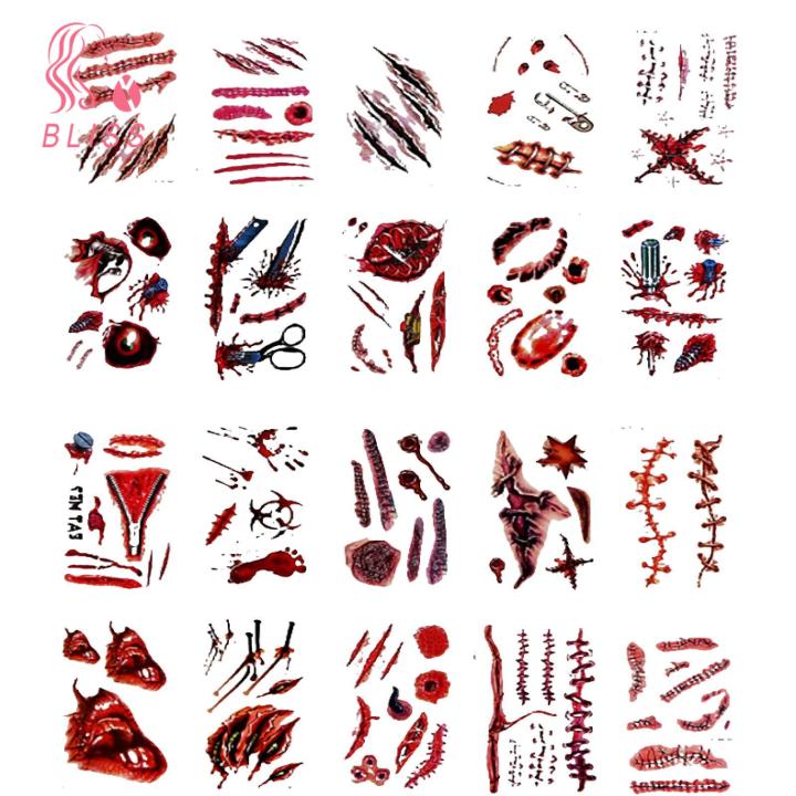 Bliss Easy to Apply Tattoo Stickers Realistic Fake Blood Scars Halloween Zombie Makeup Tattoo Stickers Waterproof Temporary Wound Prank Props Set of 20 Buyers' Favorite